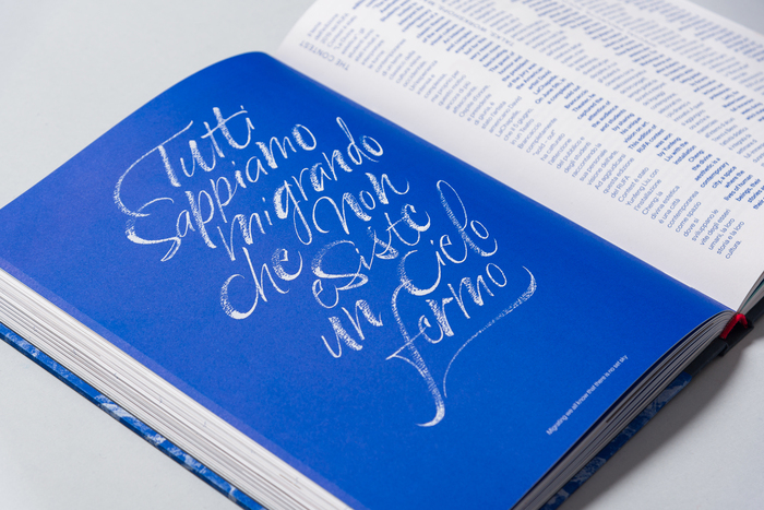 Throughout the publication, full-page calligraphy rewrites some poetic verses. Blue, with its powerful symbolic meaning, is the dominant color.