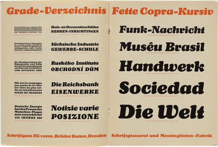 Spread from the Fette Copra-Kursiv specimen (Schriftguss, 1929). Tholenaar Collection, Letterform Archive