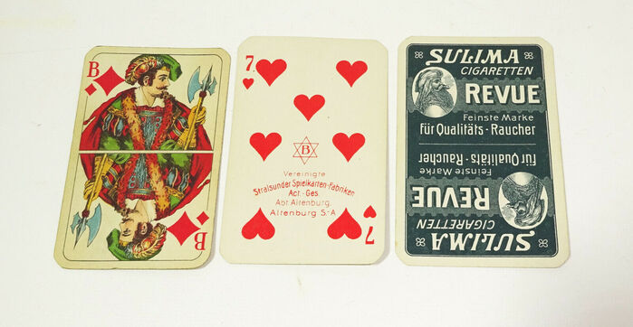 The cards were produced by a division of the Vereinigte Stralsunder Spielkarten-Fabriken Act.-Ges. in Altenburg, Sachsen-Anhalt.
