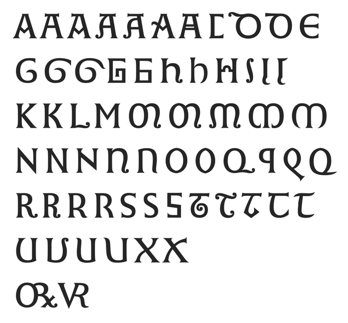 A sampler of letterform variants found in Romanesque lettering, compiled by Gerard Unger and reproduced from his doctoral thesis, Alverata: hedendaagse Europese letters met wortels in de middeleeuwen. Universiteit Leiden, 2013.