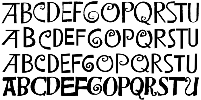 From top to bottom:  (Walter Haettenschweiler, 1961),  (Steve Ferrara, 2006, using those glyphs that come closest to Lawless Type),  (Jeff Levine, 2017), and  (Harold Lohner, 1998)
