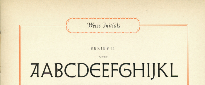 Detail from a specimen for Weiss Initials Series II, showing its alternate forms for A and E as well as the curling G