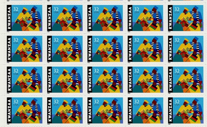 Detail of the self-adhesive pane of Kwanzaa stamps designed by Synthia Saint James