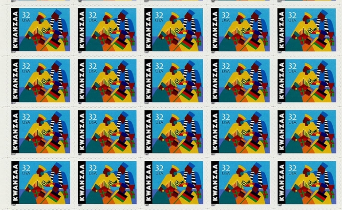 Detail of the self-adhesive pane of Kwanzaa stamps designed by Synthia Saint James