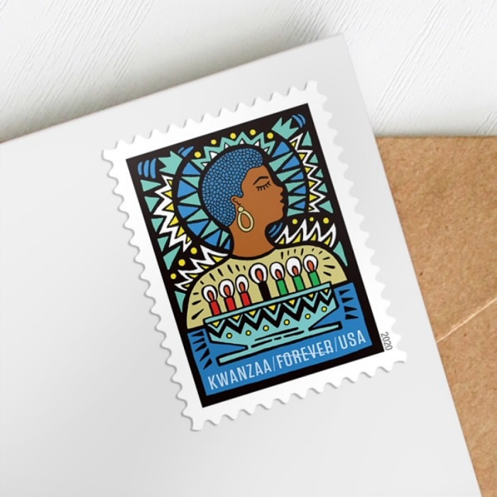 The Kwanzaa forever stamp as it appears on an envelope