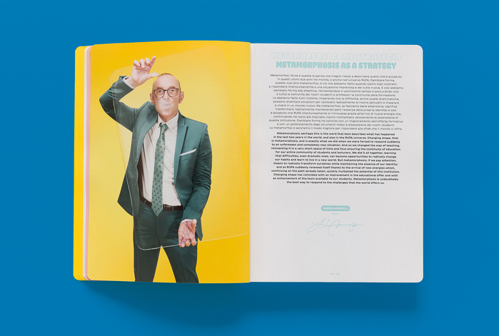 The photographic project on the first pages presents portraits of people with leading roles within the Academy who interact symbolically and playfully with a physical Plexigas filter often used in academic premises.