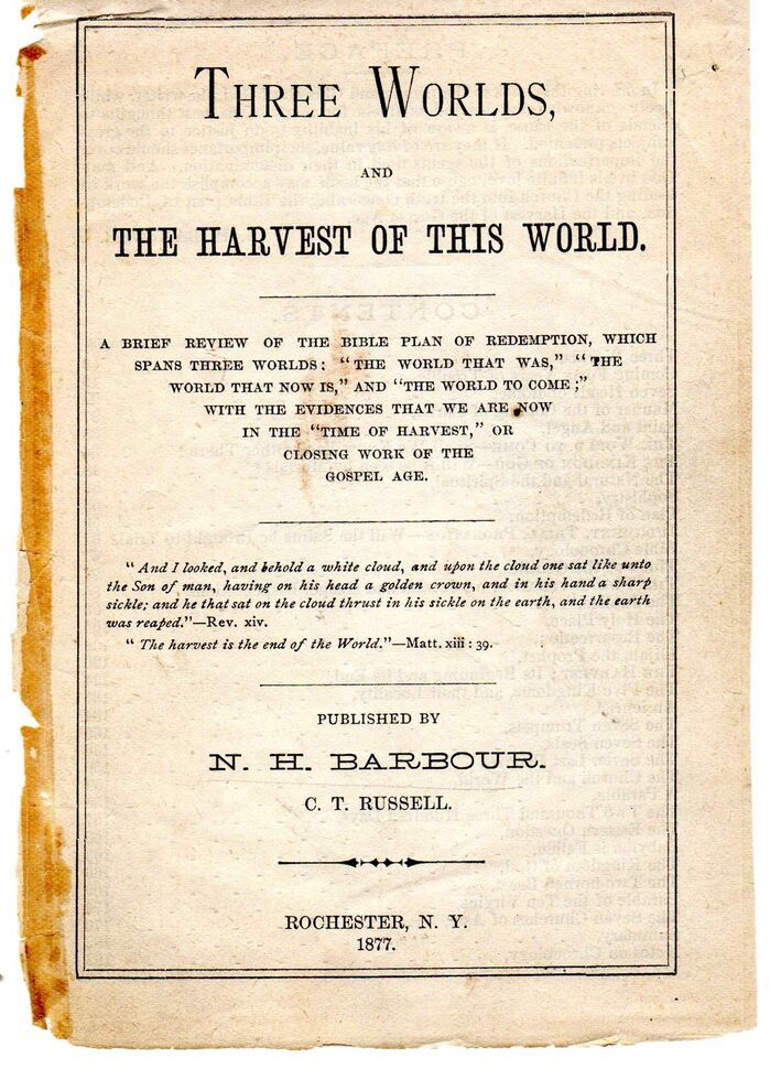 “The Harvest of This World” uses  as shown by the Farmer foundry in 1867. The text set in all caps with  is a . “N. H. Barbour” is .