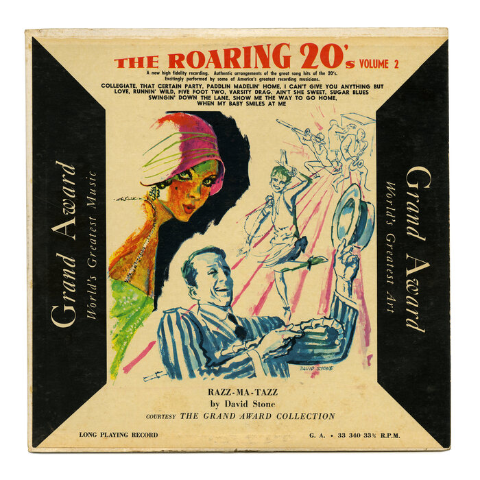 The Roaring 20’s Volume 2, GA 33-340, 1957. Illustration by Davis Stone. Track names in all-caps  Extra Bold, art credits in . [More info on Discogs]