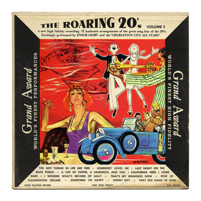 The Roaring 20’s Volume 5, GA 33-378. Illustration by Elmer Wexler. “World’s Finest Performances” is in a . Track names in all-caps . [More info on Discogs]