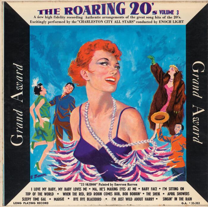 The Roaring 20’s Volume 2, GA 33-353, 1957. Illustration by Emerson Barron. Track names in  Bold Condensed, art credit in  Extra Condensed. [More info on Discogs]