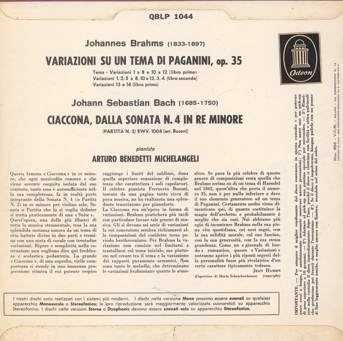 Arturo Benedetti Michelangeli – Ciaccona / Variazioni Su Un Tema di Paganini, Op. 35 album art 2