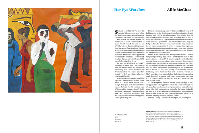 In addition to a biography of the artist, the book featured short essays in response to a certain Woodson painting, written by other Detroit artists and friends in the community.