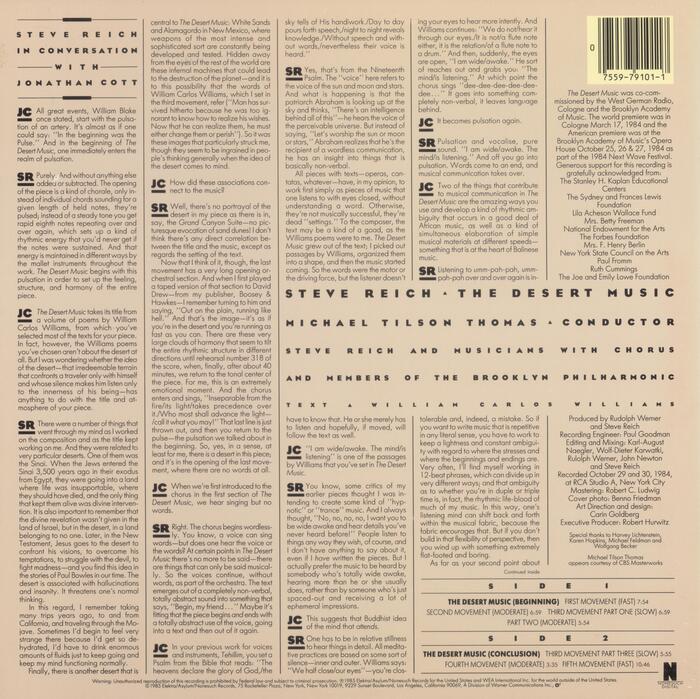 The back cover has a conversation by Steve Reich with Jonathan Cott, set in  Light with initials in Eagle Bold. The track listing additionally uses Futura Bold.