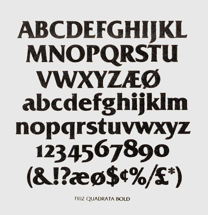 Glyph set of Friz Quadrata Bold as shown in U&amp;lc, vol. 1, no. 1, 1973