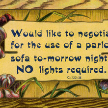 “Would like to negotiate for the use of a parlor sofa” postcard
