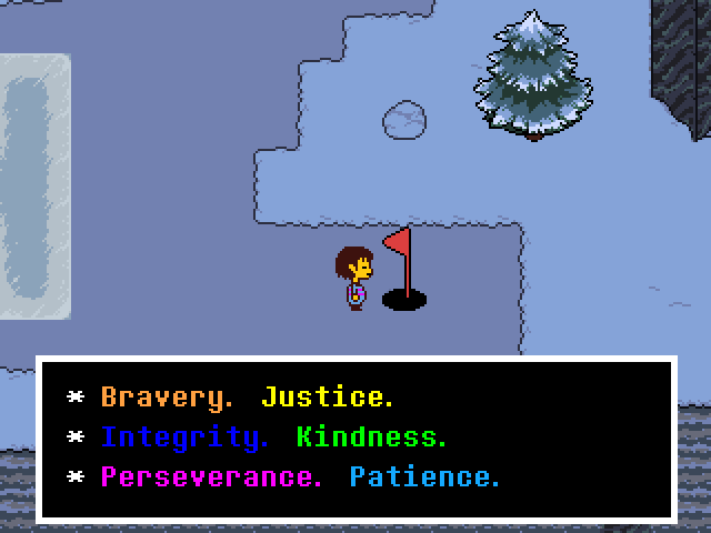 Narration dialogue rendered in different colors after completing the Ball Game in Snowdin Forest.