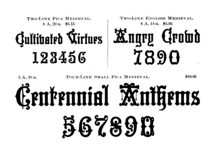 ’s Medieval as shown in a specimen from 1888. Spot the differences across the sizes, for example in A C l r t 8. To further complicate the comparison, there were alternates, see the two forms for t in the largest size.