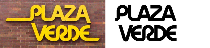 The Plaza Verde sign (left) compared to a resetting in YagiUhfNo2, Claude Pelletier’s faithful digitization of Yagi Universal No. 2, with tightened spacing and alternates for P A E R D (right).