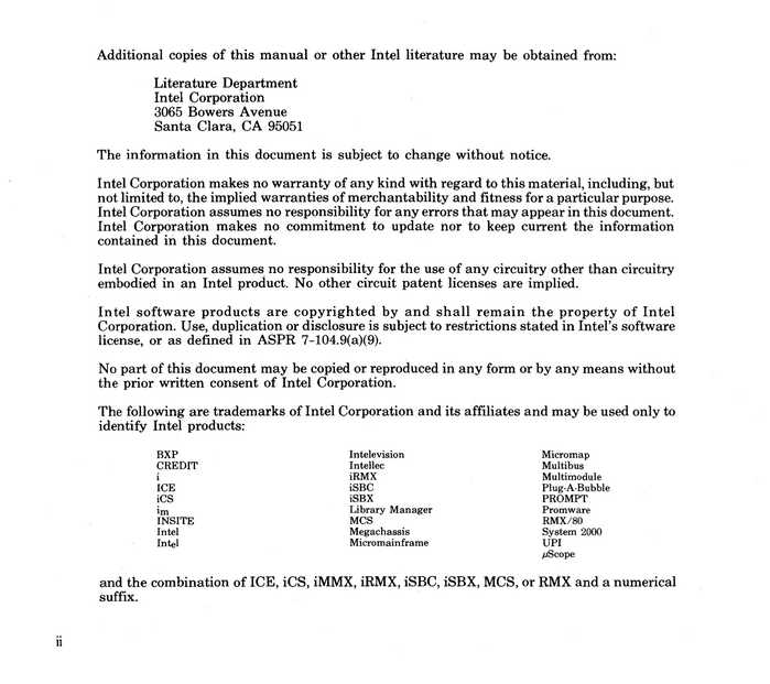 A detail (showing all the text) from the tradmark page of the front matter of Intel432 System Summary: A Manager’s Perspective. This manual is professionally typeset, so I presume that the trademarks are reproduced in a more accurate form than the typewriter examples below. The front matter is typeset in  (or a version thereof).