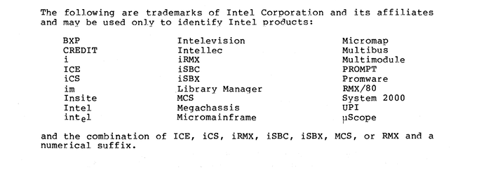 A detail from the trademark page of iAPX 432 Object Primer; note on the lower-left the dropped e of “intel”, and on the lower-right, the μ (Greek mu) of μScope which has been made by modifying a u, possibly with a vertical bar glyph.