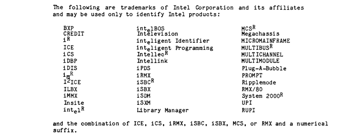 This showing of the Intel trademarks has a few more dropped e’s, a dropped m in iₘ, a raised 2 in I²ICE, and a smattering of a raised R (for registered trademark).