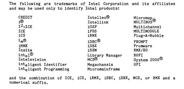 Detail from the trademark page of the front matter of System 432/600 Hardware Reference Manual. The ® is consistently reproduced here, so presumably this was produced on a typewriter with a Registered Sign glyph. Rolling the platen up and down to get the dropped e and m and raised 2 has given a wobbly baseline effect.