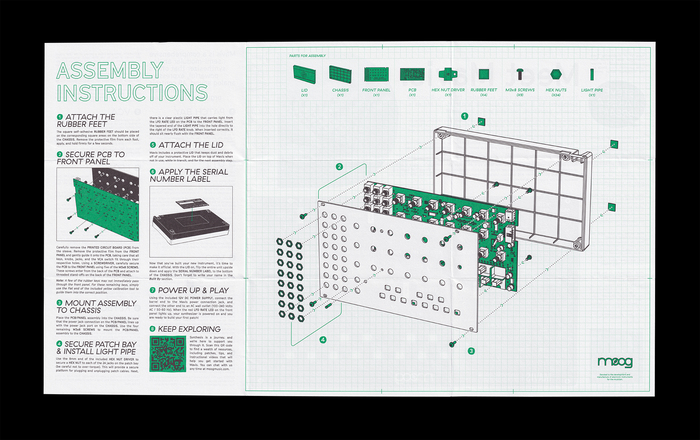 Mavis quickstart guide and assembly instructions (Side B). Two-color offset print on Mohawk Via Vellum (70T). 8.75 × 5.125 inches (folded); 26 × 15 inches (unfolded).
