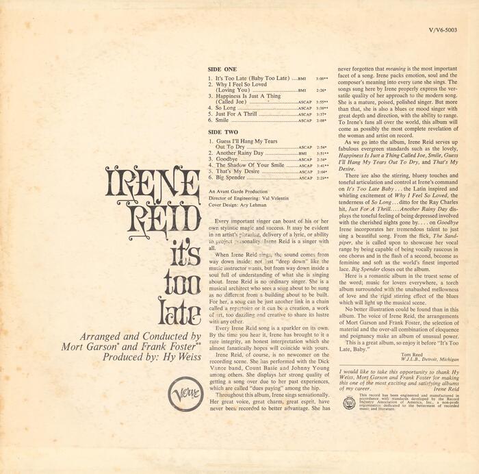 Irene Reid – It’s Too Late album art 2