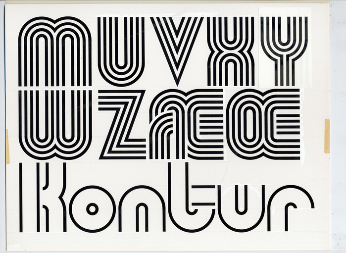 The original drawings for the uppercase glyphs, part 2, plus a sample for the Kontur version in which the inner lines have been eliminated
