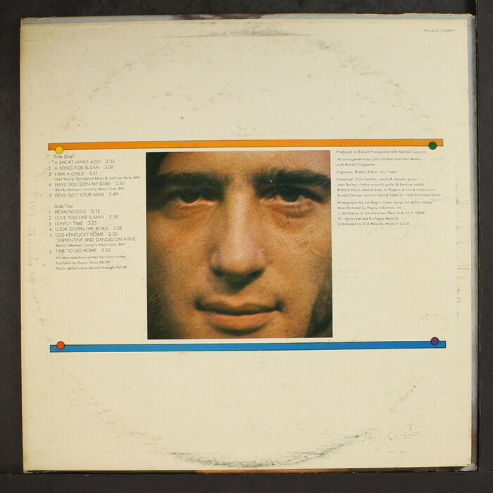 The back cover reveals Smither’s face that’s obscured on the front. Track list and credits are set in 