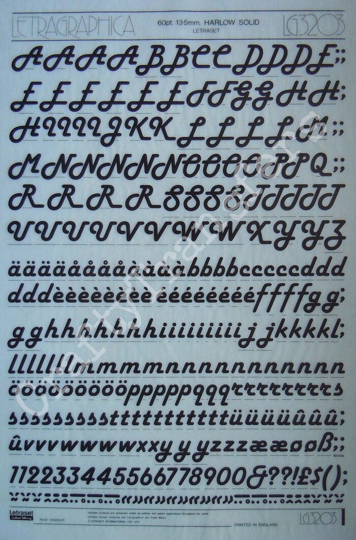 Instant lettering sheet for 60pt Harlow Solid, produced by Letraset as Letragraphica LG3203