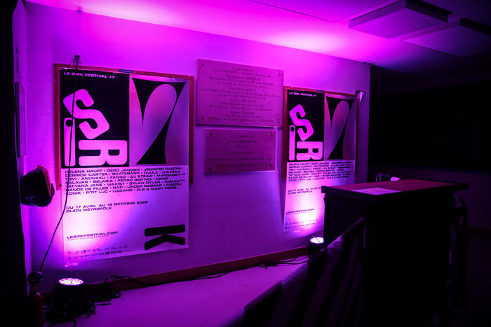 Festival posters at the entrance of the Boulodrome