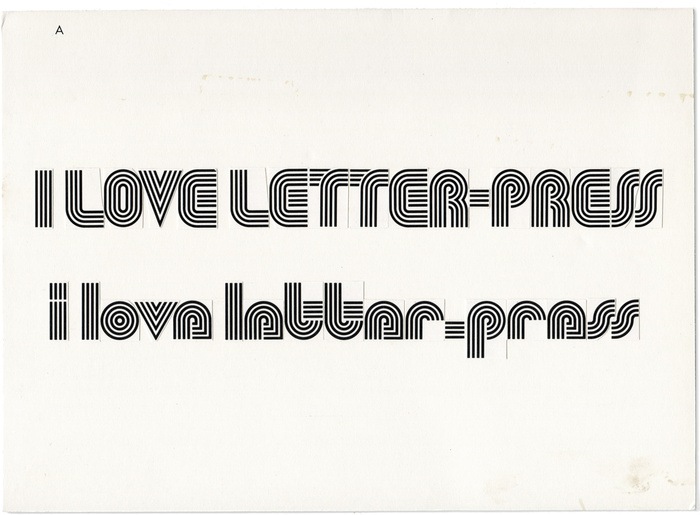 Copy and paste the old way: a proof from the early 1970s. The sample text “I love Letter-Press” suggests that Roland Hirter submitted the design to Mecanorma’s permanent contest, in which the French Letraset competitor sourced new designs for their Letter-Press range of dry transfer typefaces.