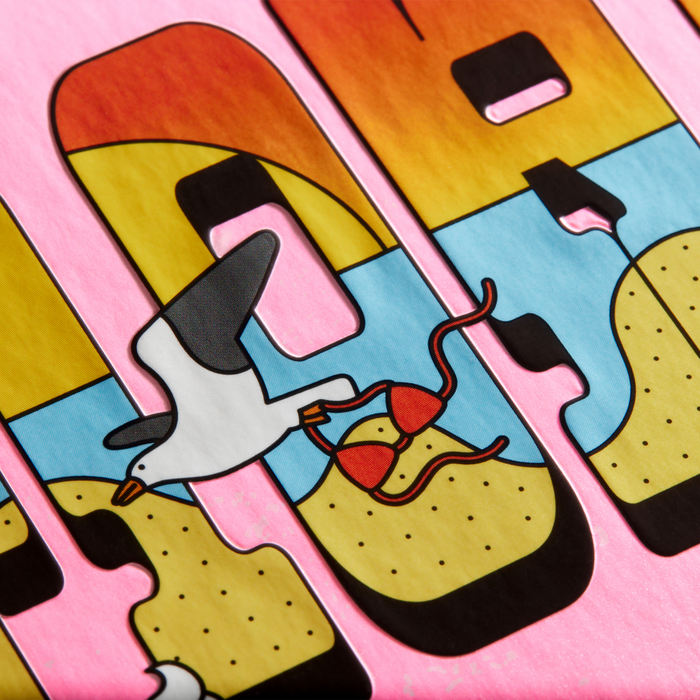 A close up of the embossed puff-cover showing Gabriele Alcala's illustrations integrated with the Zaft² font.