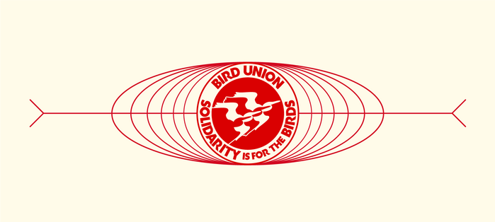 The Bird Union emblem is inspired by , which are small emblems that appear on union-made products. The center features a repeating flock of Great Egrets (from the Audubon logo) flying in formation.