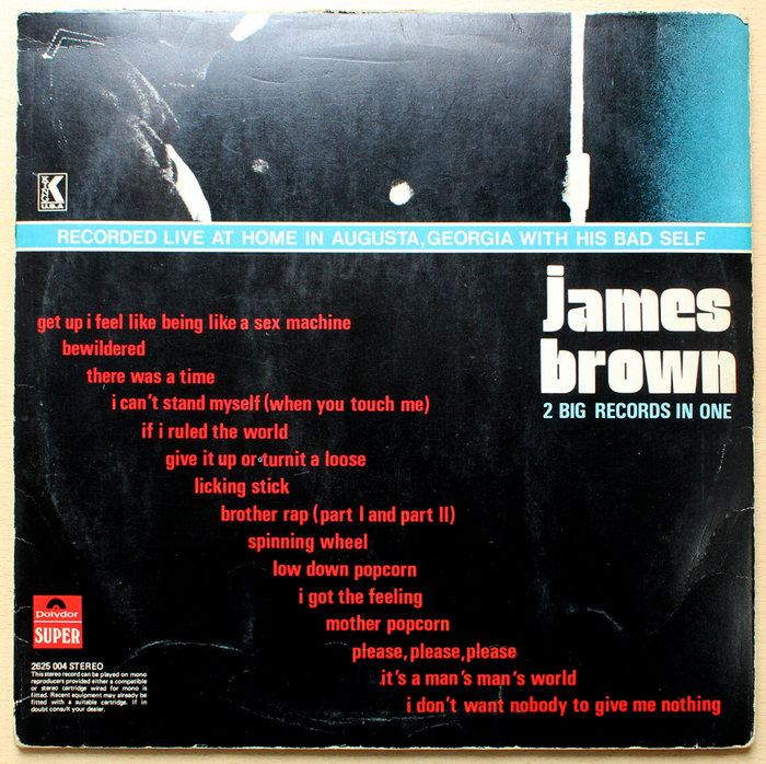 Back cover with the (not fully accurate) claim “Recorded live…” in all-caps . The track list is set in all-lowercase  Bold Condensed, arranged in . “James Brown” is in  with a raised j.