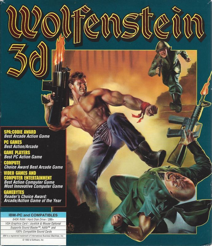 Front panel of the US retail box for Wolfenstein 3D (DOS) (Floppy Disk Version, 1992, distributed by GT Software, v1.4 (04-30462)). Art by Julie Bell. Title set in Cathedral.