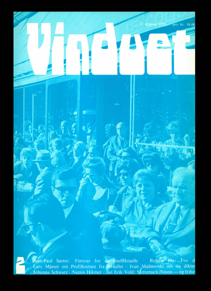 Vinduet vol. 27, no. 2 (1973) feat. Jean-Paul Sartre, Robert Bly, Lars Mjøset, Ivan Malinovski, Johanna Schwarz, Nâzım Hikmet, Jan Erik Vold