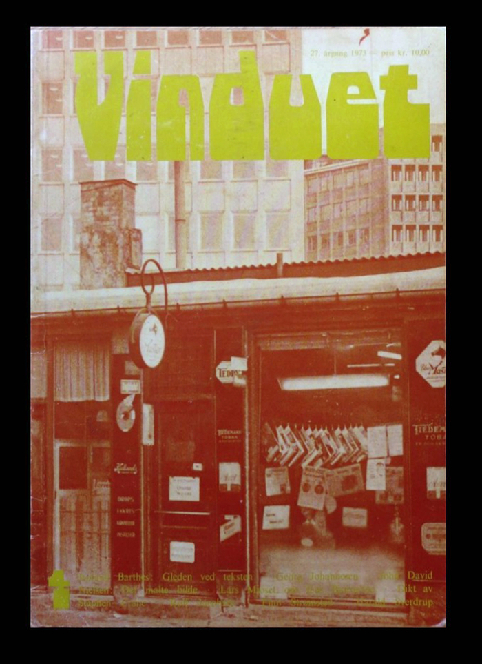 Vinduet vol 27, no. 4 (1973) feat. Roland Barthes, Georg Johannesen, Kjell Heggelund, John David Nielsen, Lars Mjøset, Stephen Crane, Rolf Jacobsen, Finn Strømsted, Harald Sverdrup, Olav Angell, Johan Fredrik Grogaard, Ellinor Kolstad, Liv Koltzow, and Jan Erik Vold