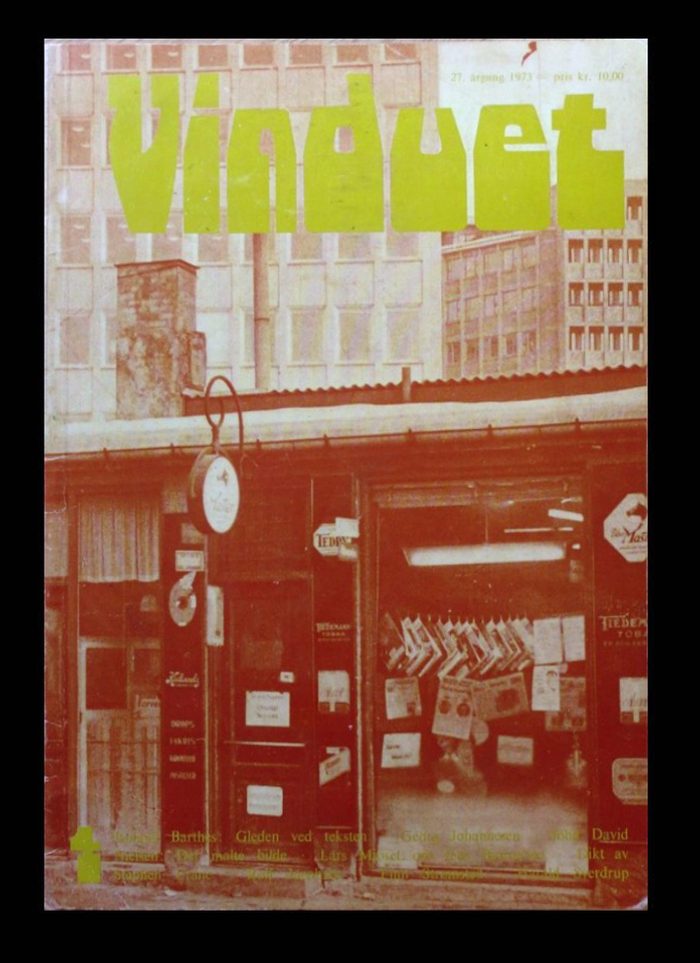 Vinduet vol. 27, no. 4 (1973) feat. Roland Barthes, Georg Johannesen, Kjell Heggelund, John David Nielsen, Lars Mjøset, Stephen Crane, Rolf Jacobsen, Finn Strømsted, Harald Sverdrup, Olav Angell, Johan Fredrik Grogaard, Ellinor Kolstad, Liv Koltzow, and Jan Erik Vold