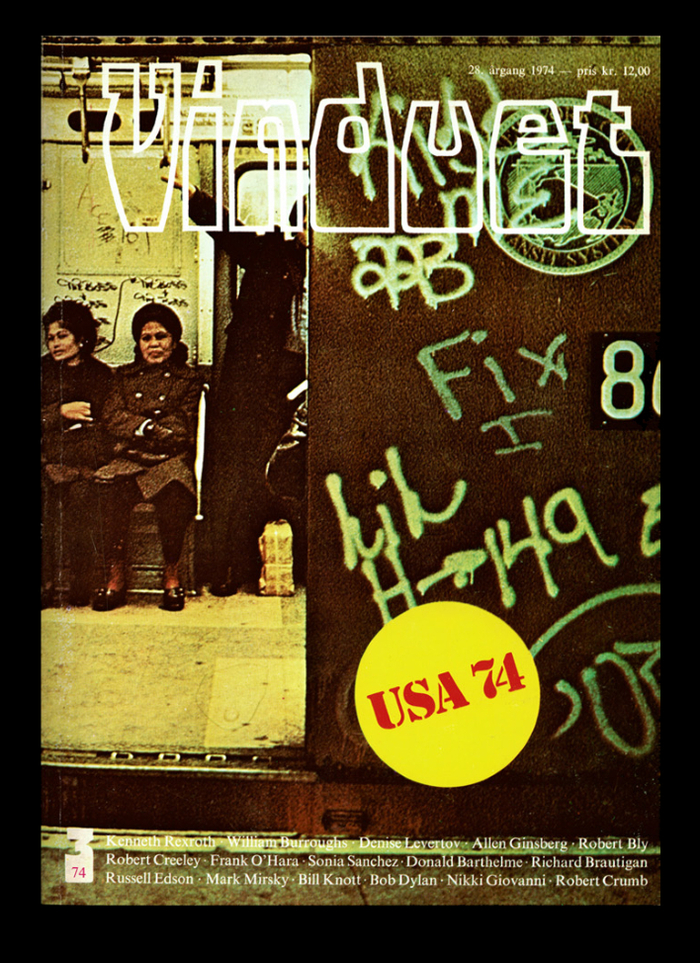 Vinduet vol 28, no. 3 (1974), “USA 74”, feat. Kenneth Rexroth, William Burroughs, Denise Levertov, Allen Ginsberg, Robert Bly, Robert Creeley, Frank O’Hara, Sonia Sanchez, Donald Barthelme, Richard Brautigan, Russell Edson, Mark Mirsky, Bill Knott, Bob Dylan, Nikki Giovanni, Robert Crumb