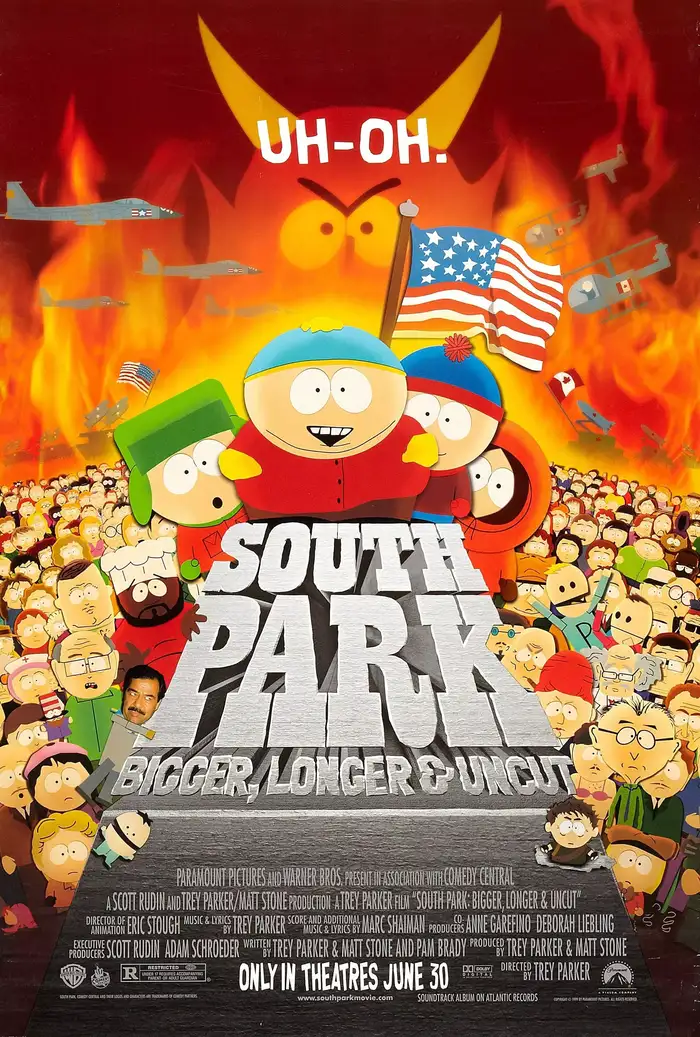 Poster for the movie South Park: Bigger, Longer & Uncut, 1999, featuring perspective lettering loosely based on Beheomoth or a similar heavy Clarendon and the custom South Park font. Credits are set in  with the URL in regular-wide .