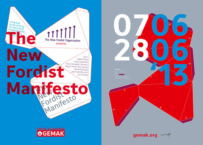 Posters for an exhibition titled The New Fordist Manifesto, 2013