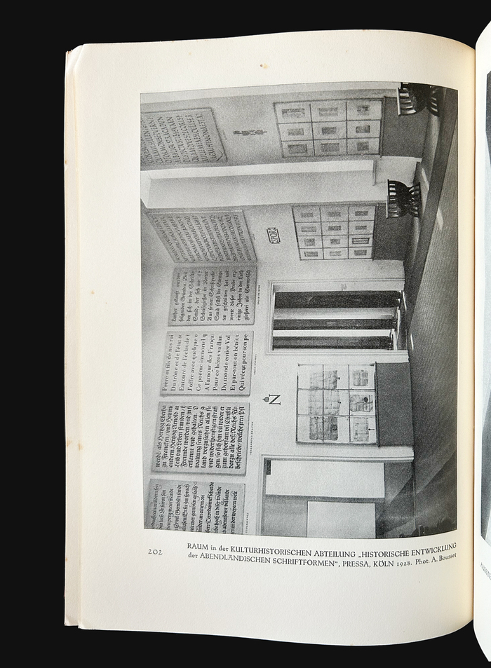 A. Bousset’s photo of a room in the Cultural History Department at the Pressa fair in Cologne, 1928, showing the “Historical Development of Occidental Letterforms”