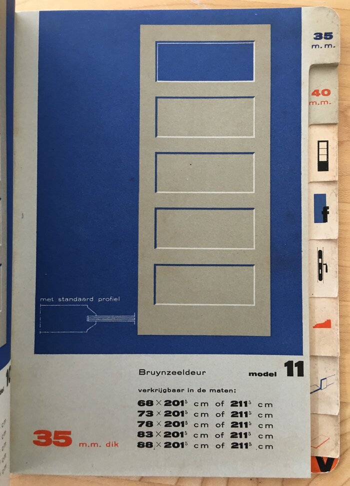 The Bruynzeel door model 11. Note the use of proper multiplication signs (×). The superscript 5 following the length (in cm) appears to indicate five millimeters.