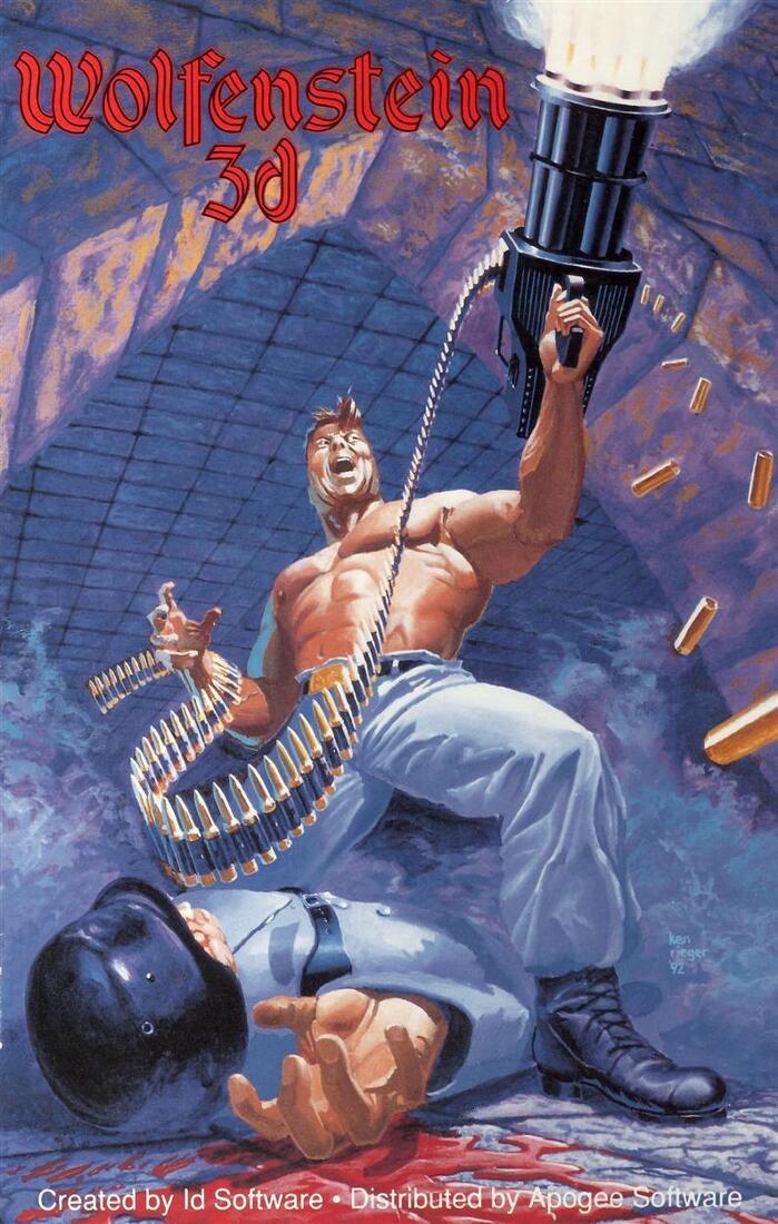 Cover of Wolfenstein 3D (DOS) (Original Mail Order, 1992, distributed by Apogee Software, v1.2). Art by Ken Rieger. Title set in Cathedral.