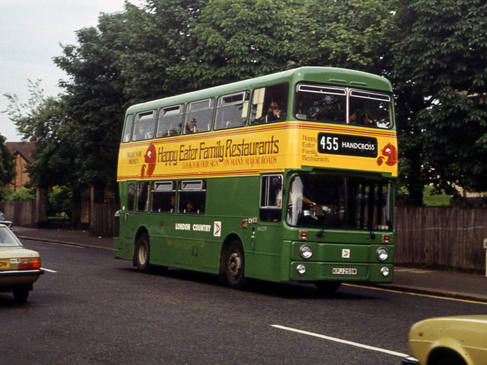 Taken in June 1981 in Purley: “Three things all in the past: AN 259, the Happy Eater chain, and the occasional extension of the 405 route to Handcross numbered 455.”