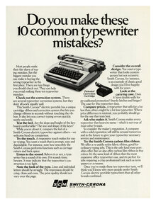 “Do you make these 10 common typewriter mistakes?” and “How to buy a typewriter.” ads by Smith-Corona