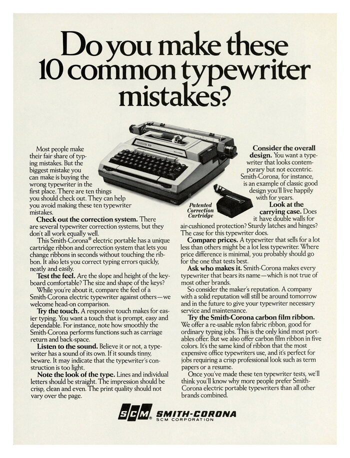 “Do you make these 10 common typewriter mistakes?” and “How to buy a typewriter.” ads by Smith-Corona 1