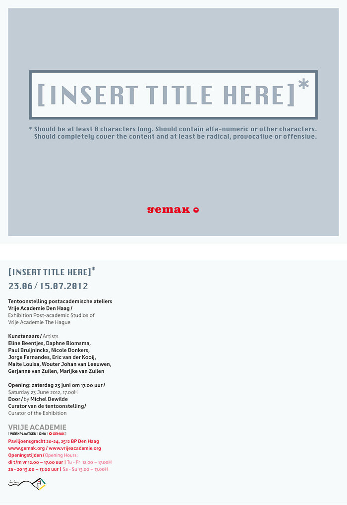 Invitation card for an exhibition titled [Insert Title Here]*, 2012, featuring the logo in Clarendon